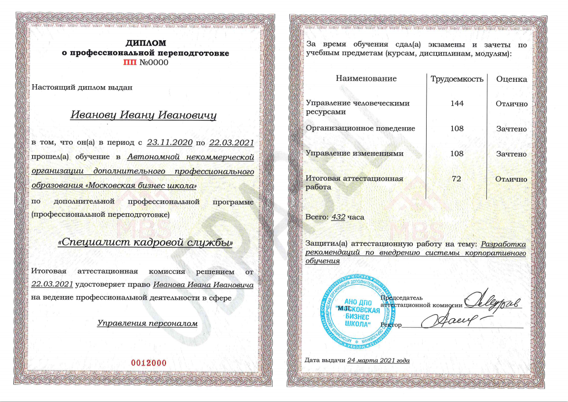 Диплом установленного образца РФ о профессиональной переподготовке