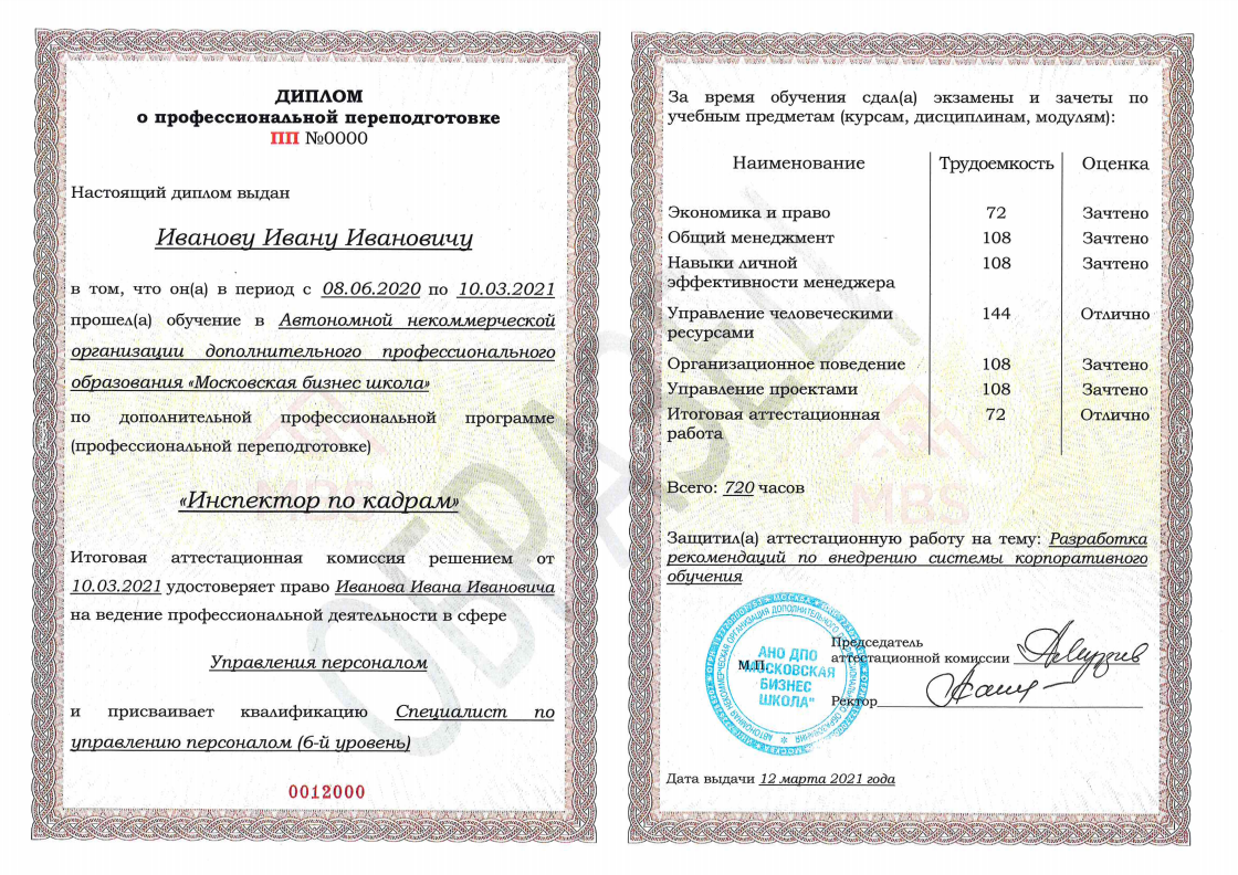 Диплом установленного образца РФ о профессиональной переподготовке